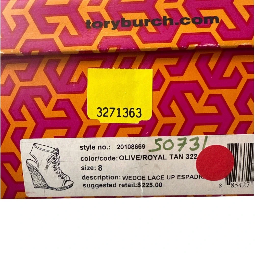 Tory‎ Burch Blair Wedge Lace Up Espadrilles Olive Canvas Size 8